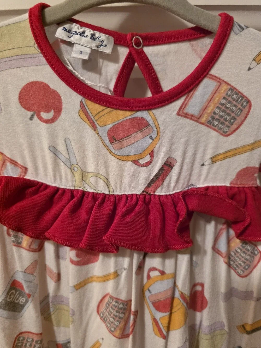 Magnolia Baby Girls' Cream School-Print Ruffle Dress with Red Trim